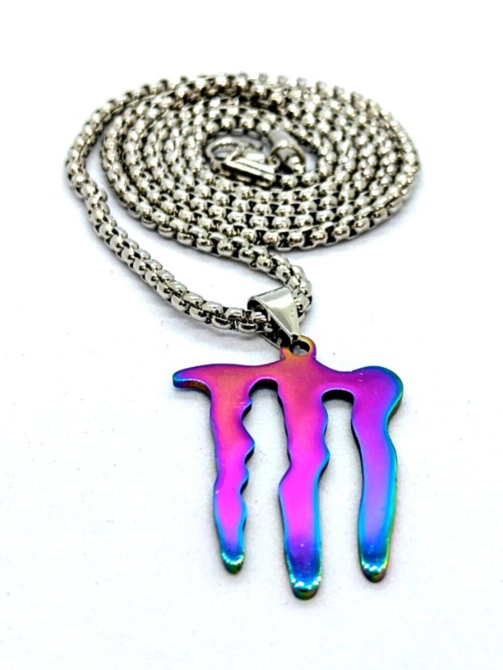 ENERGY DRINK NECKLACE - Stainless Steel "M" Logo Pendant 23" Chain (Iridescent) - Picture 4 of 7